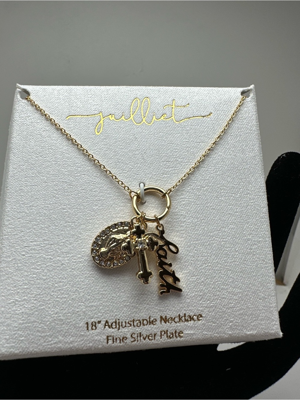 Gold-Tone Charm Necklace with Cross, Oval Crystal and Script Pendant -